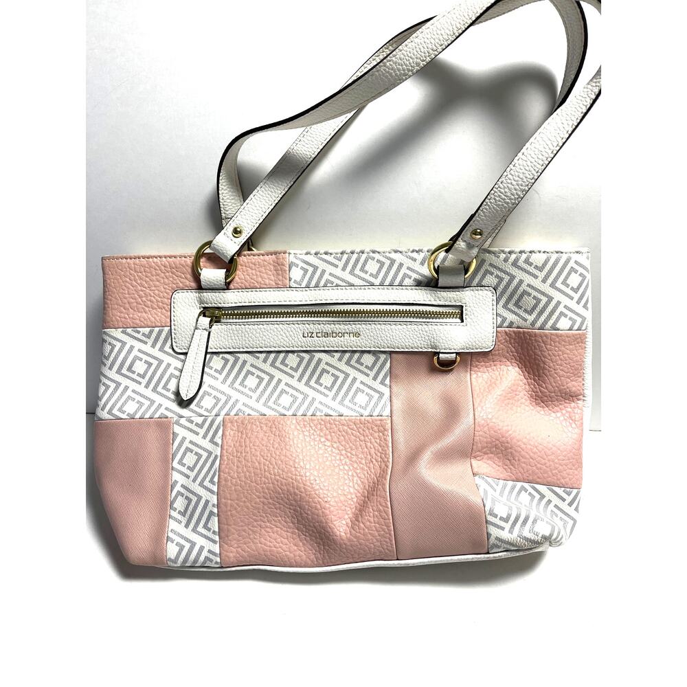 Liz Claiborne purse 15 x 9“ zipper close shoulder bag faux leather pink gray